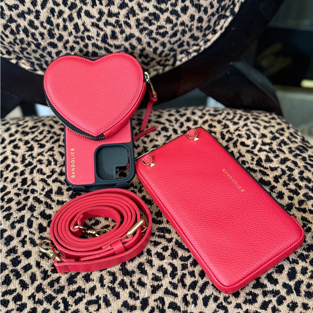 Bandolier iPhone 14 Pro Max Red Heart Crossbody Set with Strap and Pouch